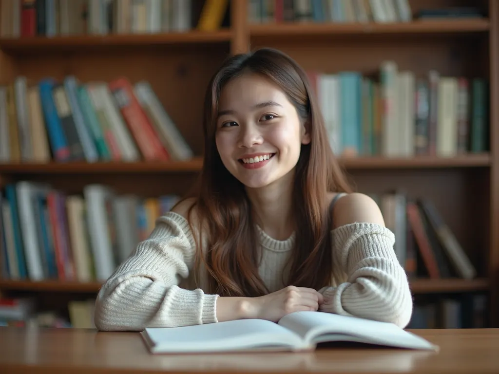A girl content, studying.