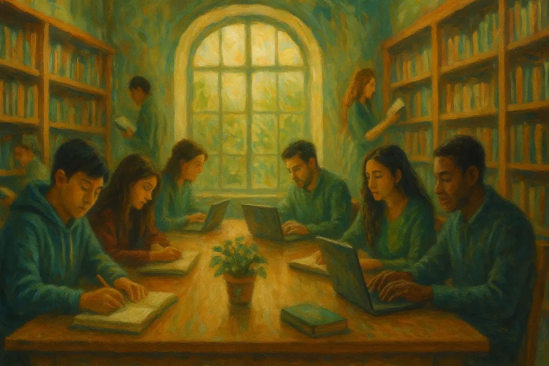Students are serenely working hard in a library