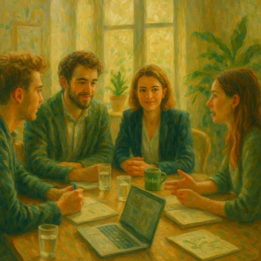 A group of students and mentors engaged in a focused discussion around a table.