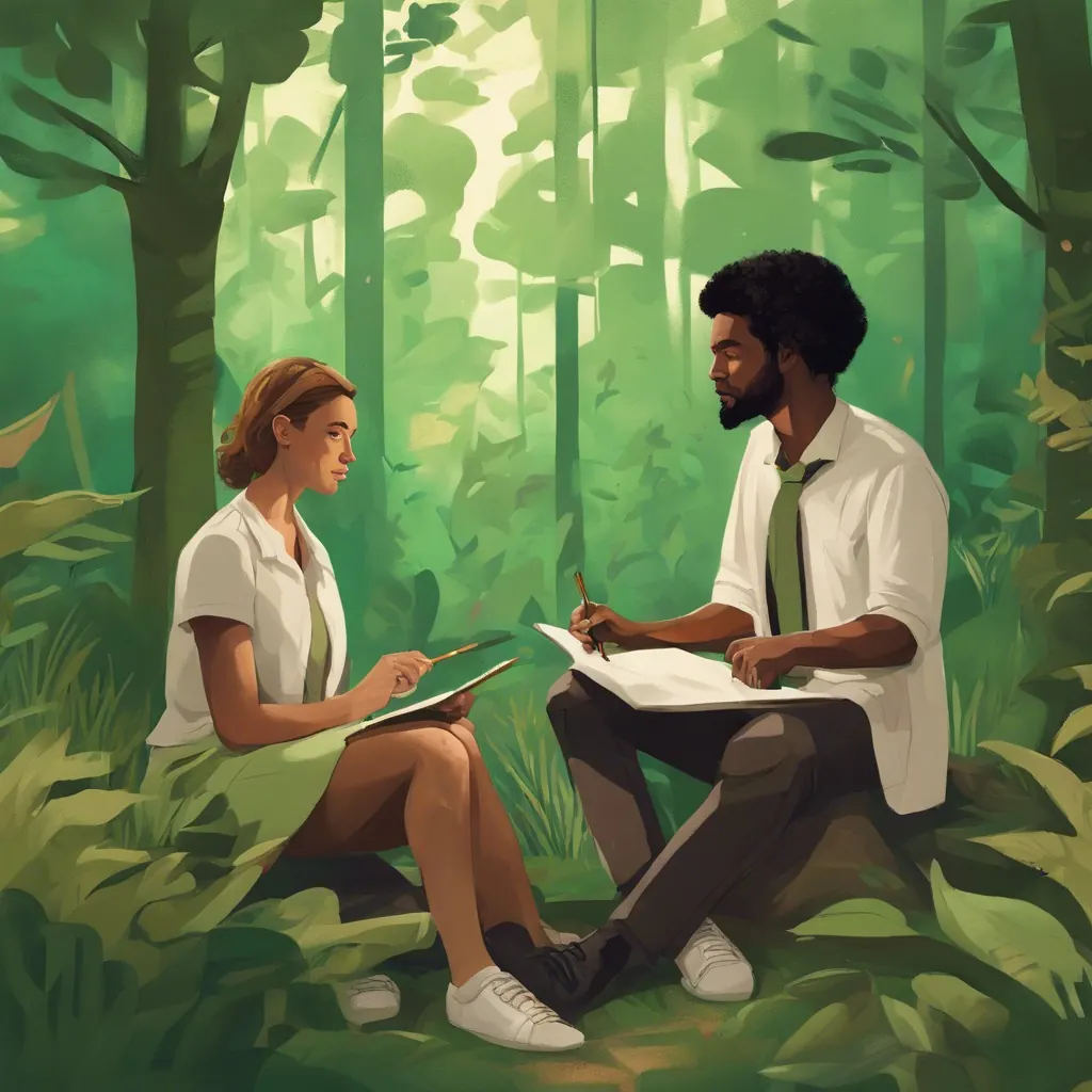 Painterly illustration of a teacher and a student sitting and reading together in a green forest